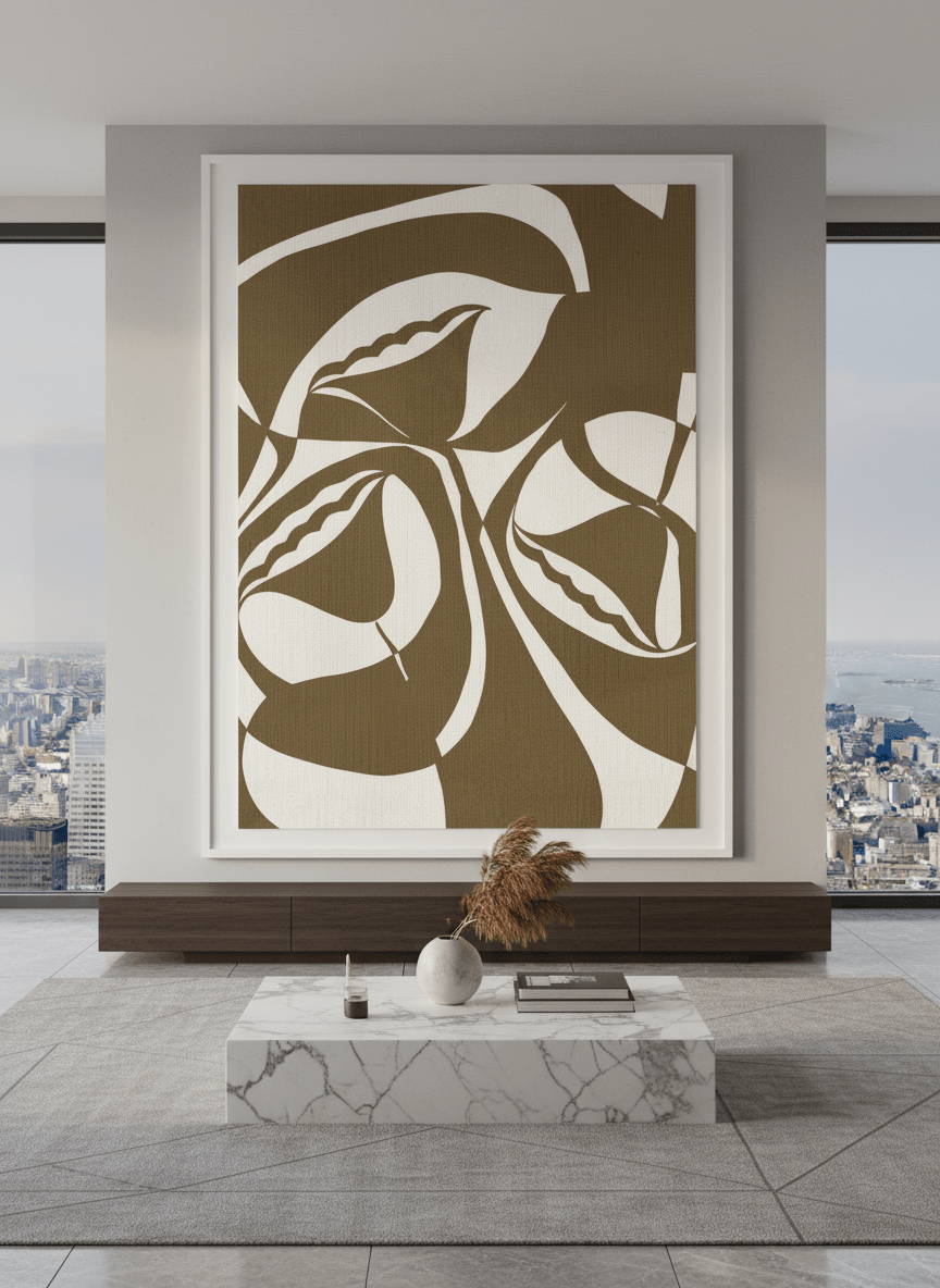 Monumental artwork centred on a feature wall in a luxe interior