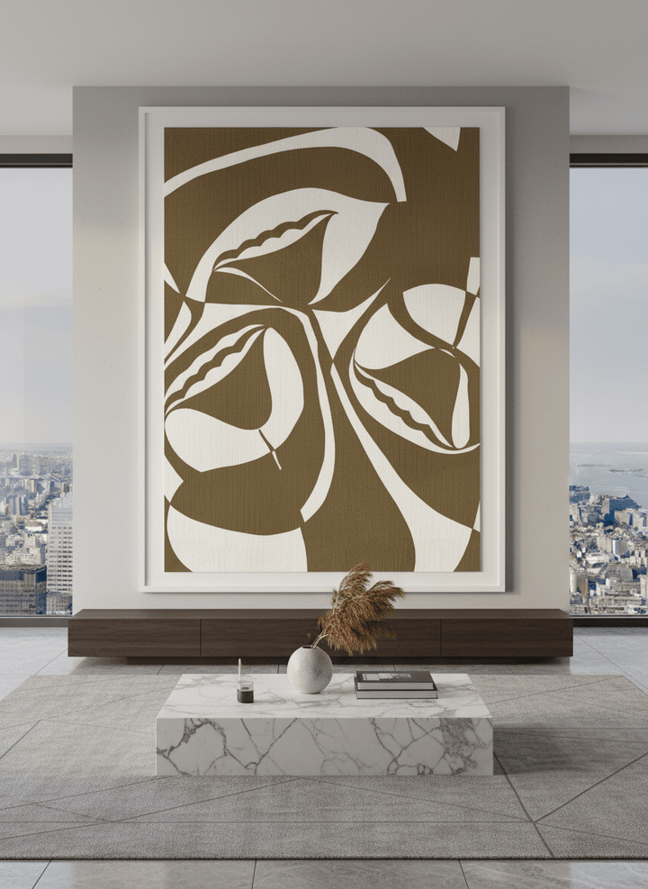 Monumental artwork centred on a feature wall in a luxe interior
