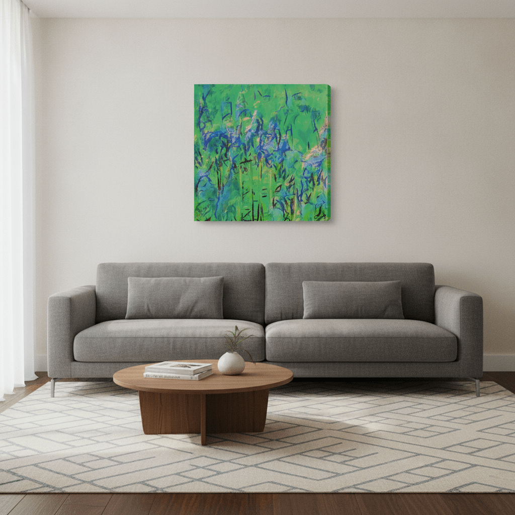 Stretched canvas wall art styled in a neutral living room