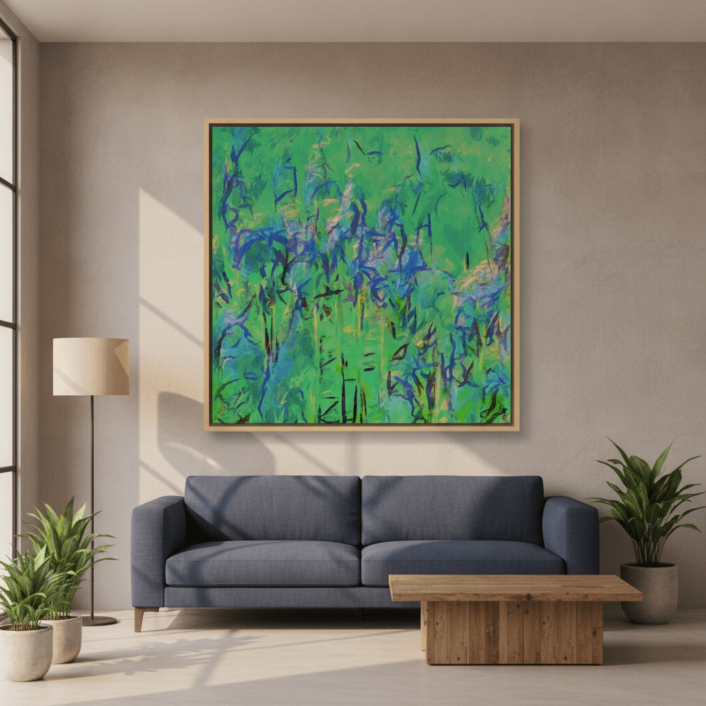 Oversized statement canvas wall art with a natural timber surround styled in a bright modern office