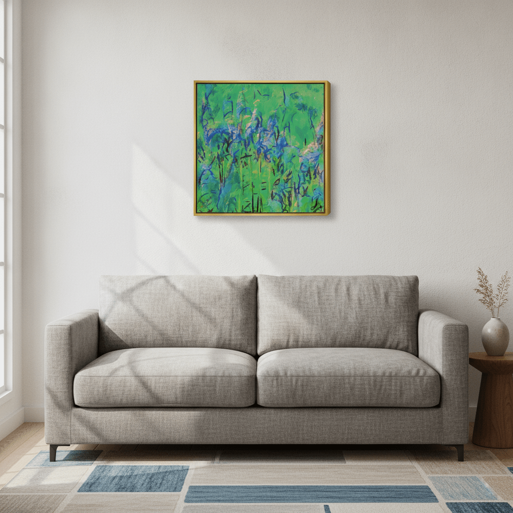 Canvas wall art with a gold leaf surround styled in a neutral living room