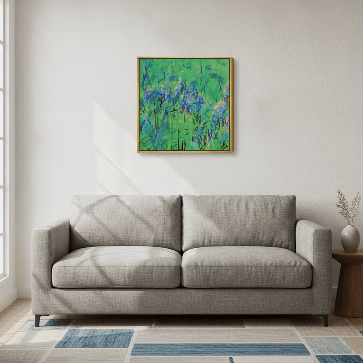 Canvas wall art with a gold leaf surround styled in a neutral living room