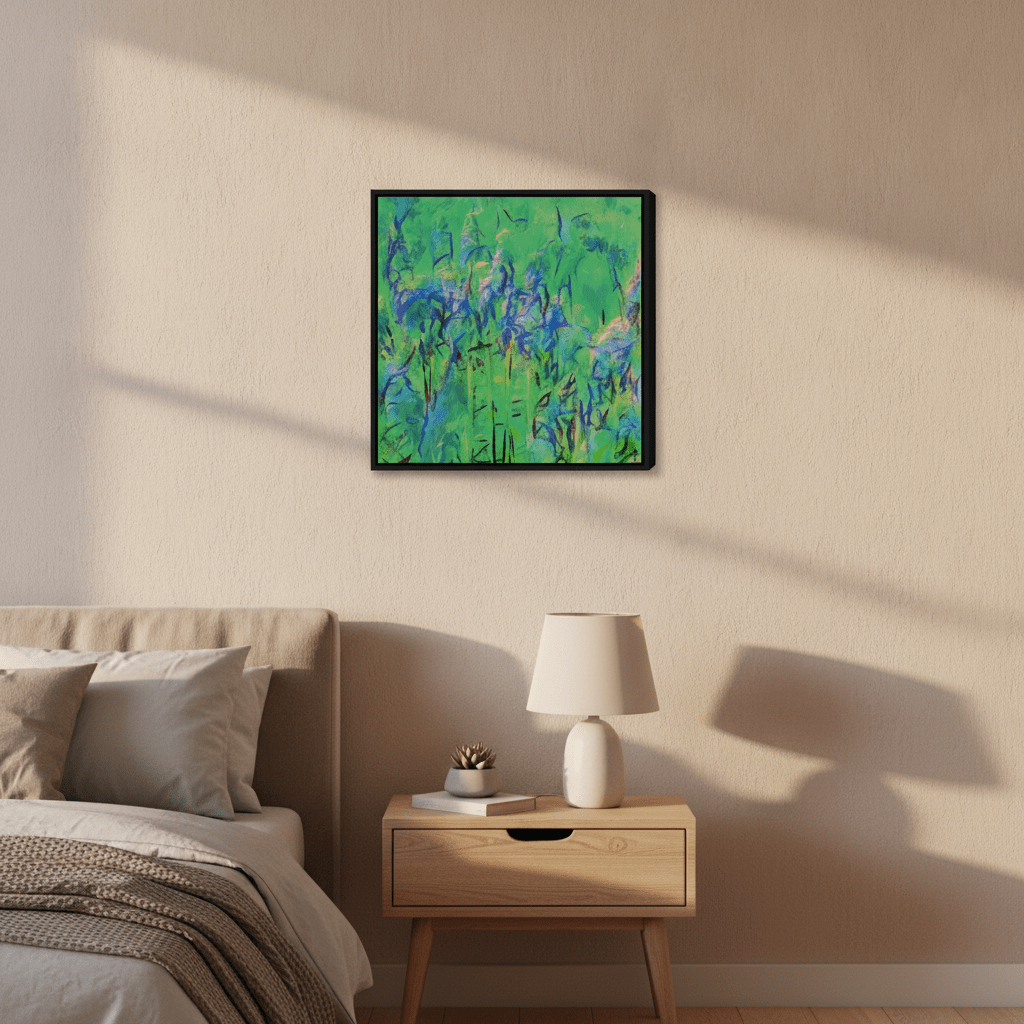Canvas wall art with a black surround styled in a calm, light-filled bedroom