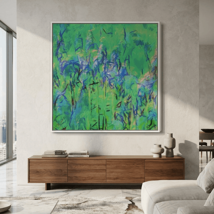 Oversized statement canvas wall art with a white surround styled in a luxe interior