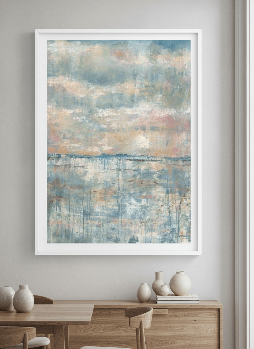 Wall art styled above a dining table in a contemporary home