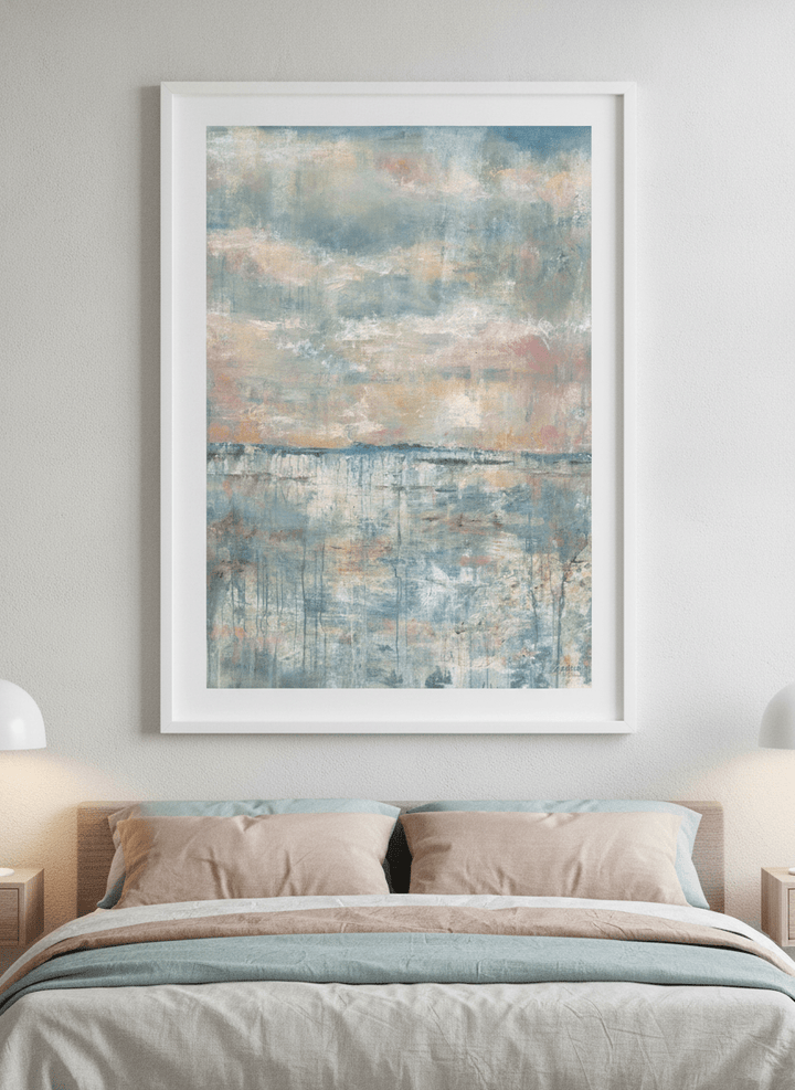 Minimalist artwork displayed in a calm, light-filled bedroom interior