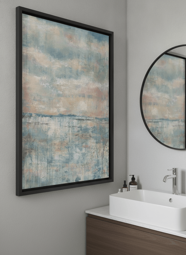 Modern print displayed in a clean minimalist bathroom setting