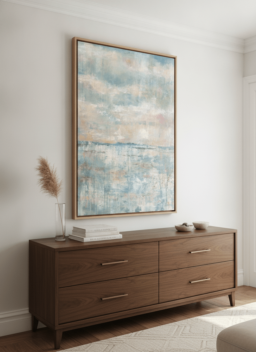 Monumental artwork centred on a feature wall in a luxe interior