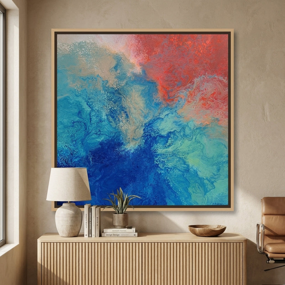 Canvas wall art with a natural timber surround styled in a bright modern office