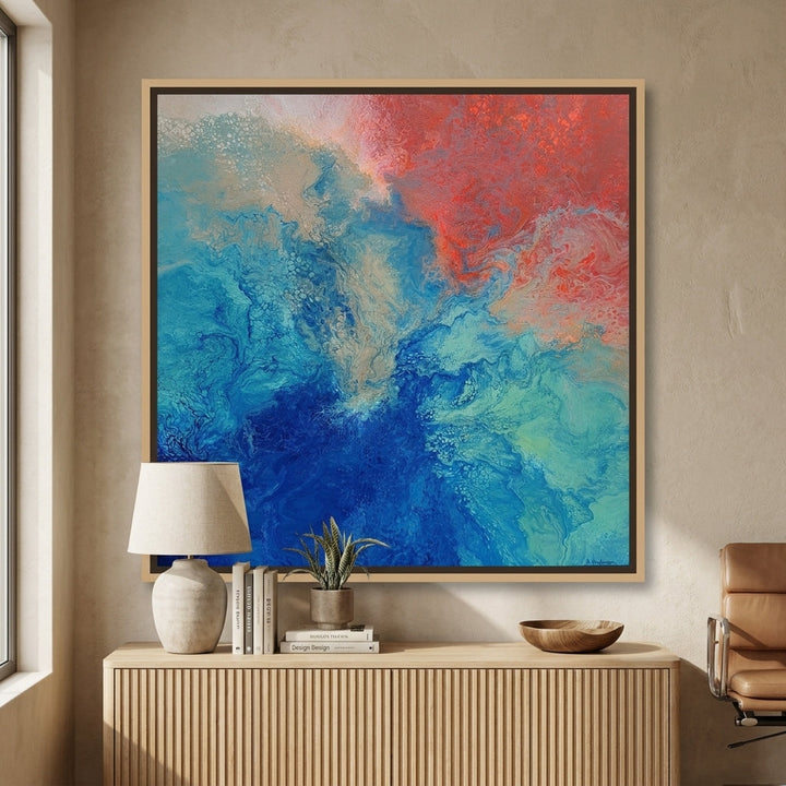 Canvas wall art with a natural timber surround styled in a bright modern office