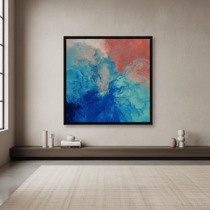 Oversized statement canvas wall art with a black surround styled in a luxe interior
