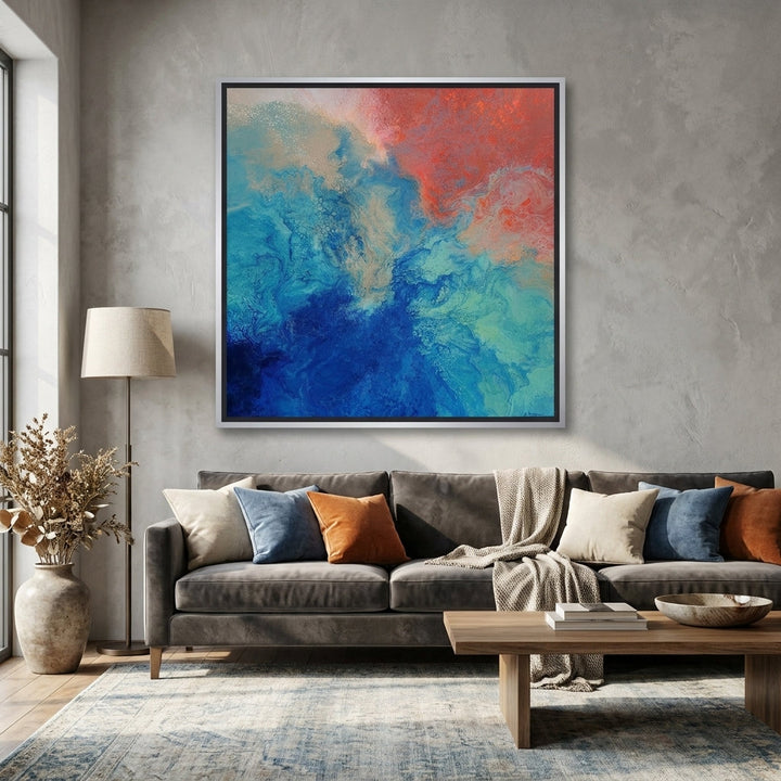 Canvas wall art with a silver leaf surround styled in a neutral living room