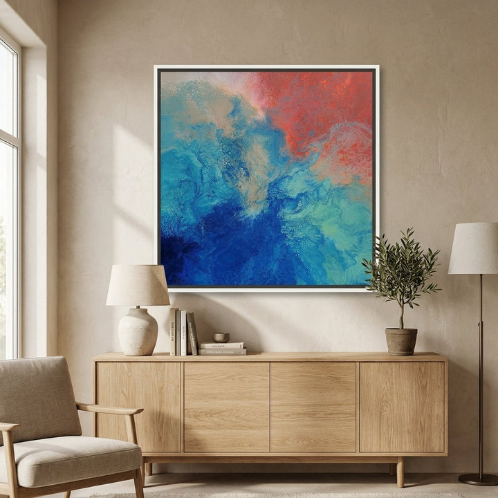 Canvas wall art with a white surround styled in a calm, light-filled bedroom