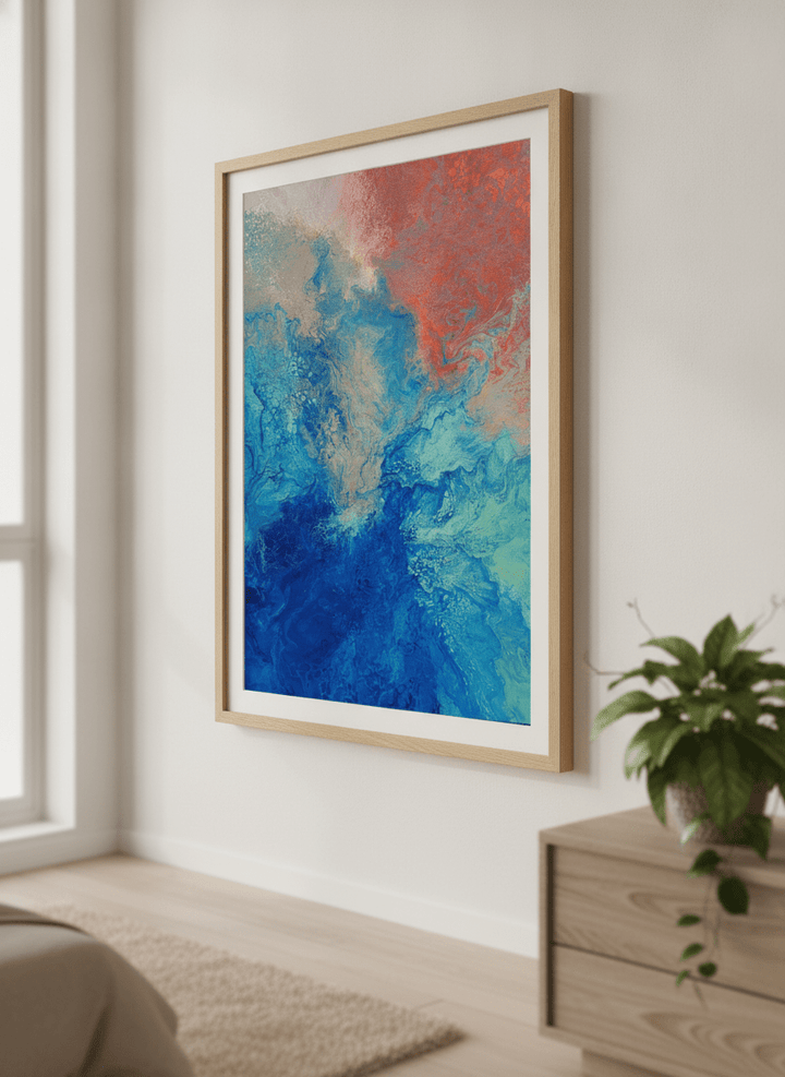 Minimalist artwork displayed in a calm, light-filled bedroom interior