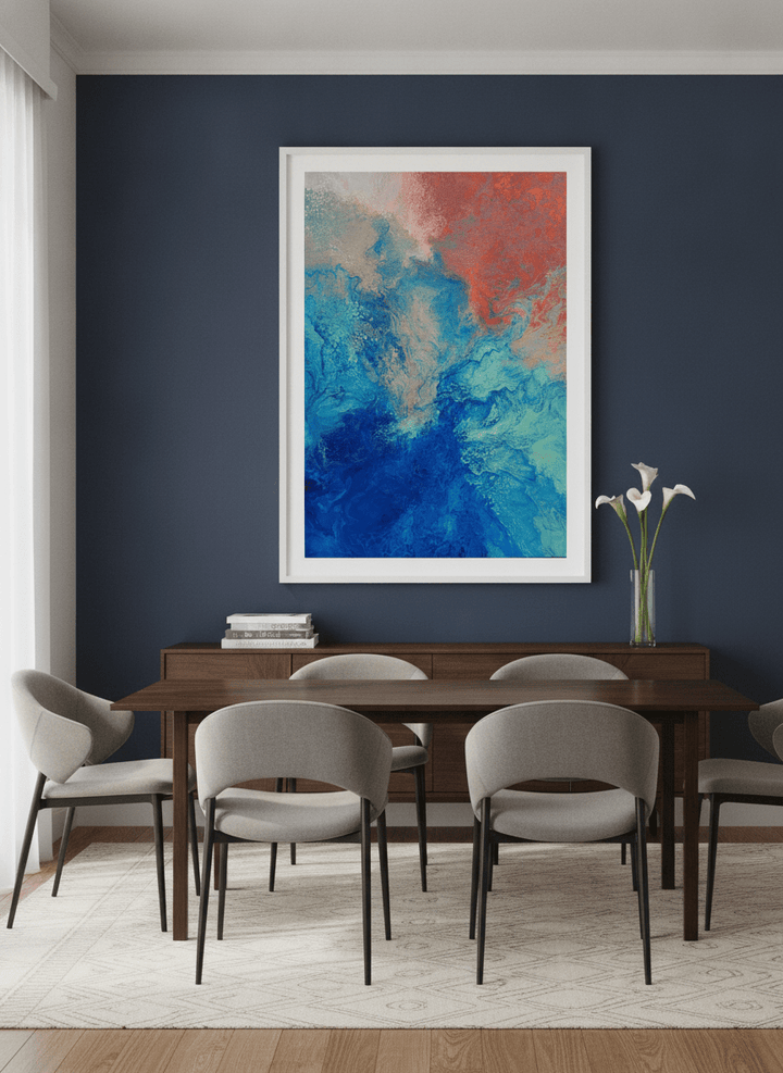 Monumental artwork centred on a feature wall in a luxe interior
