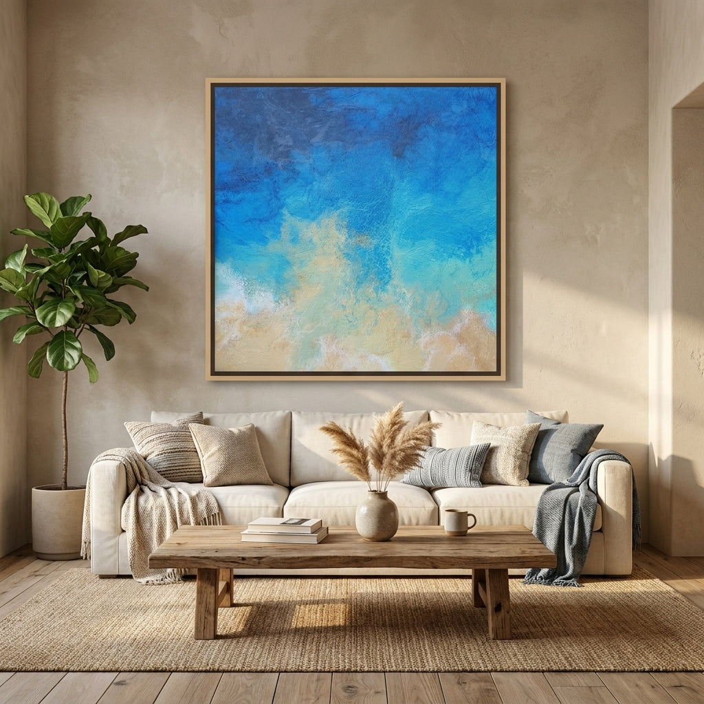 Oversized statement canvas wall art with a natural timber surround styled in a neutral living room