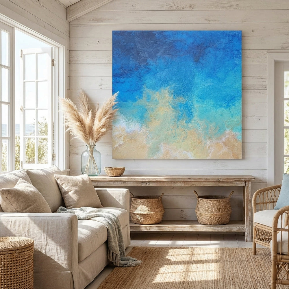 Stretched canvas wall art styled in a sunny coastal beach house
