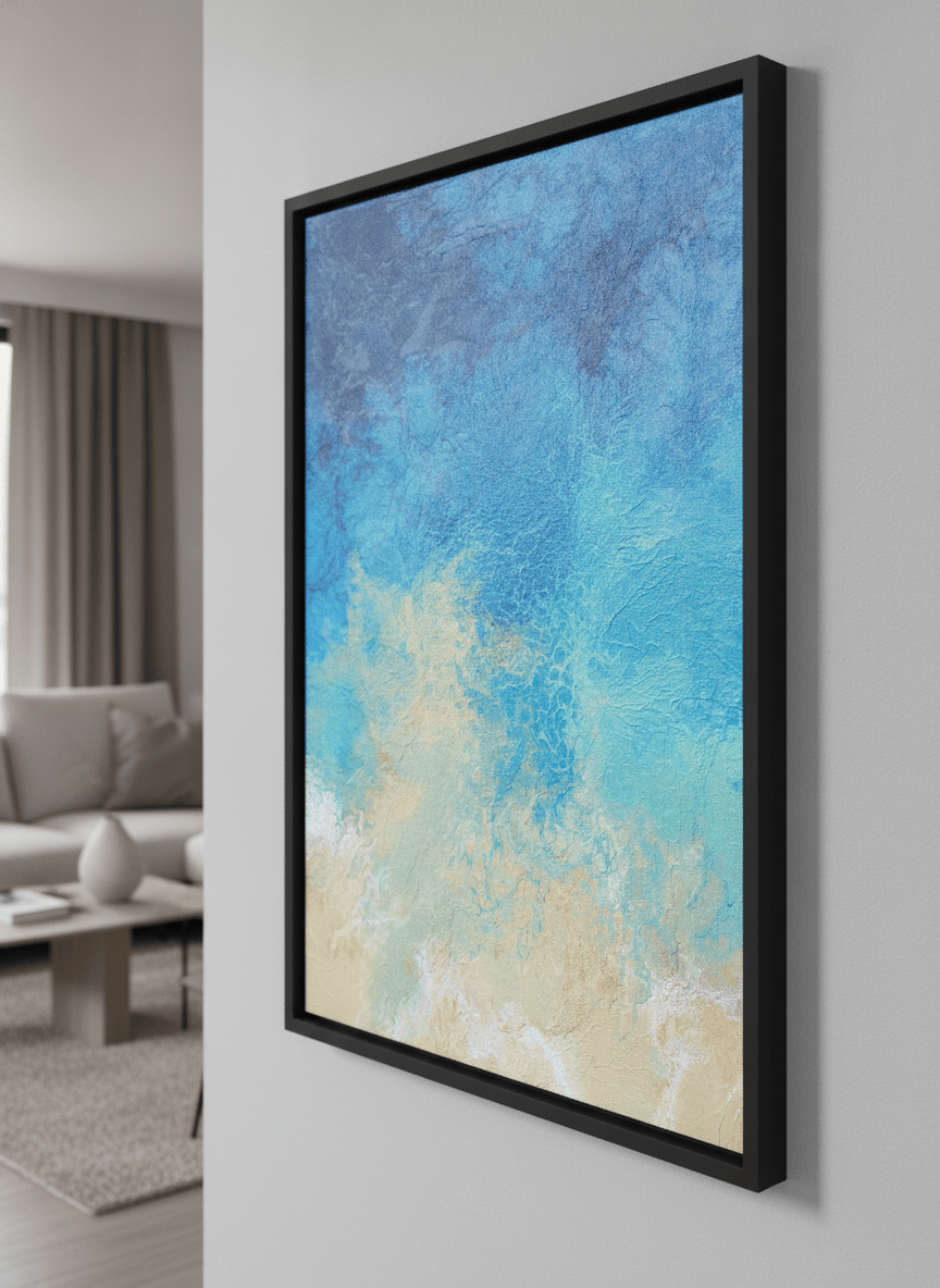 Modern wall art styled above a sofa in a neutral living room
