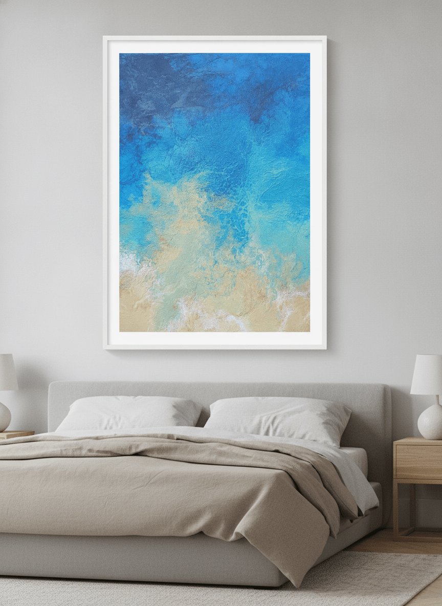 Minimalist artwork displayed in a calm, light-filled bedroom interior
