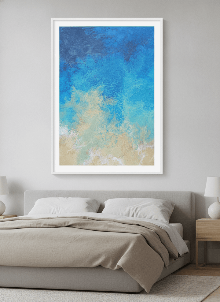 Minimalist artwork displayed in a calm, light-filled bedroom interior