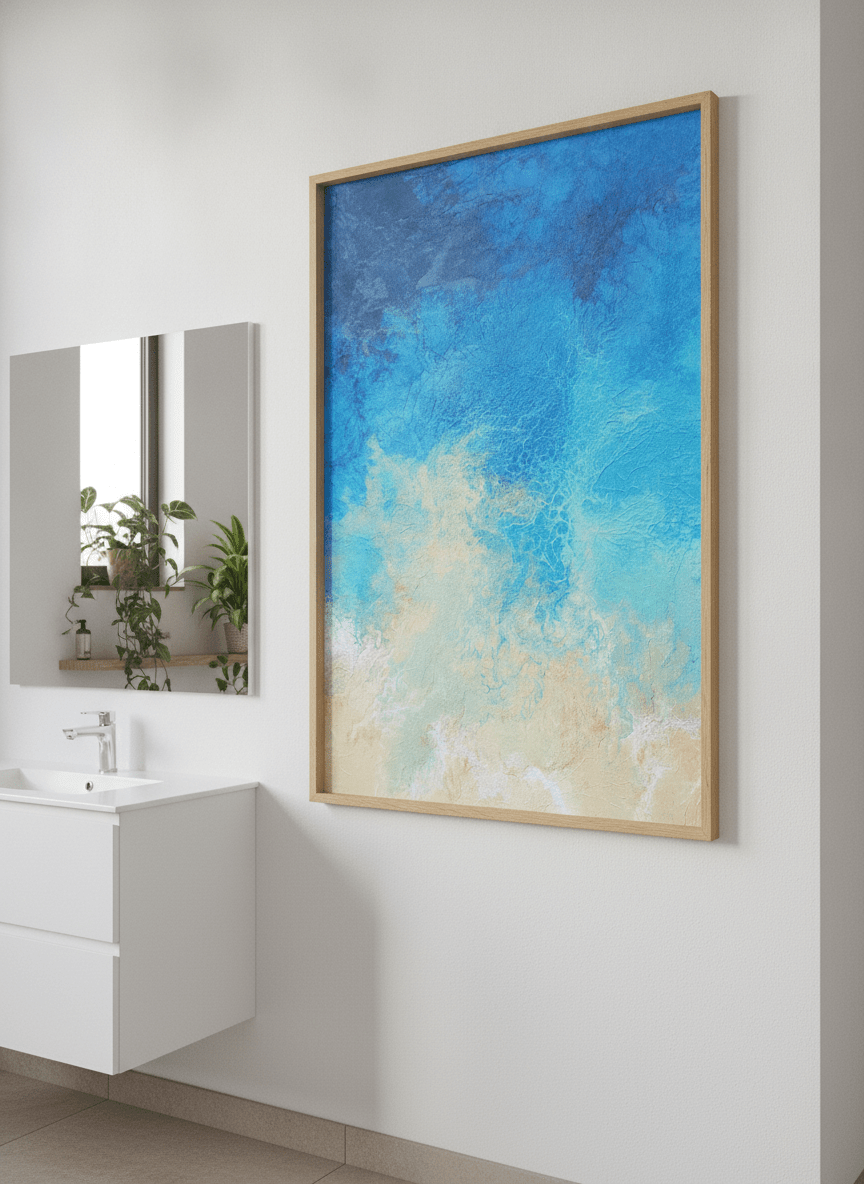 Modern print displayed in a clean minimalist bathroom setting