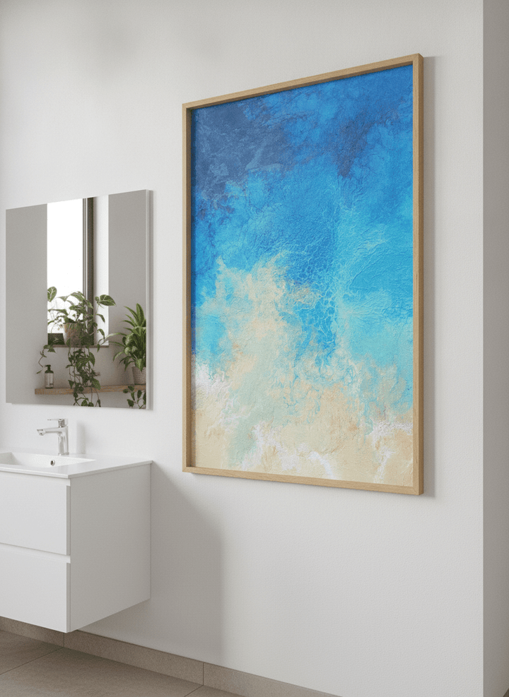 Modern print displayed in a clean minimalist bathroom setting