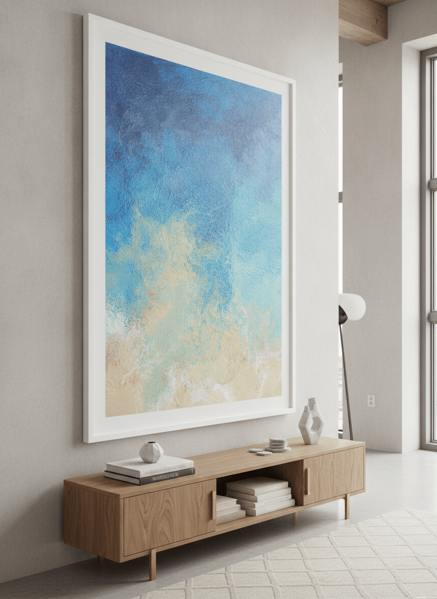Monumental artwork centred on a feature wall in a luxe interior