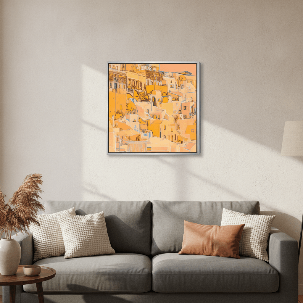 Canvas wall art with a silver leaf surround styled in a neutral living room