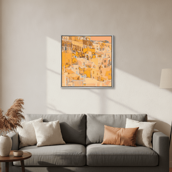 Canvas wall art with a silver leaf surround styled in a neutral living room
