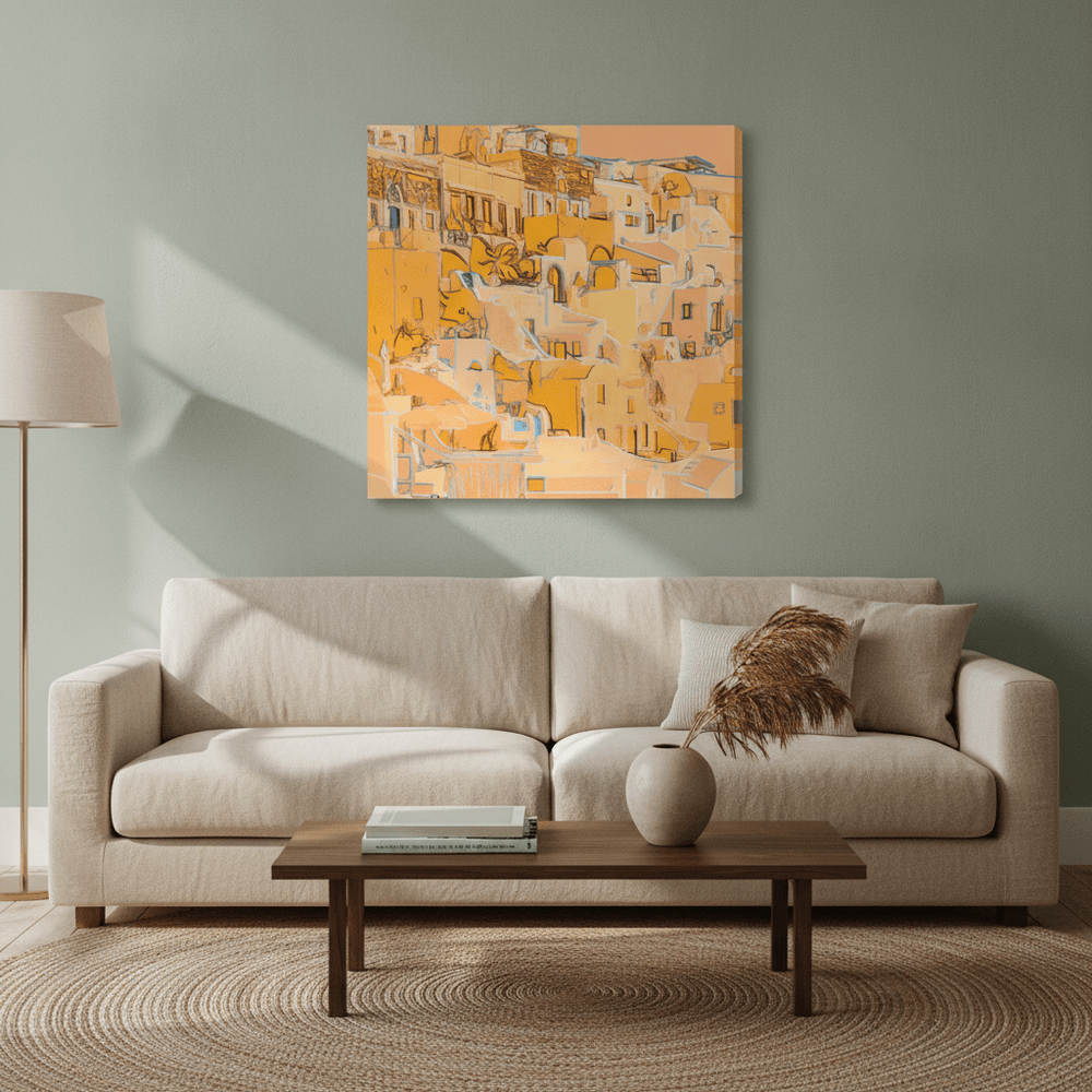 Stretched canvas wall art styled in a neutral living room