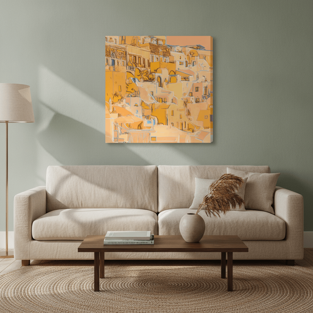 Stretched canvas wall art styled in a neutral living room