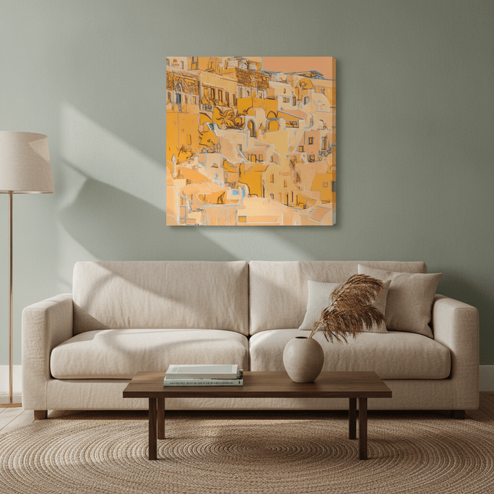 Stretched canvas wall art styled in a neutral living room