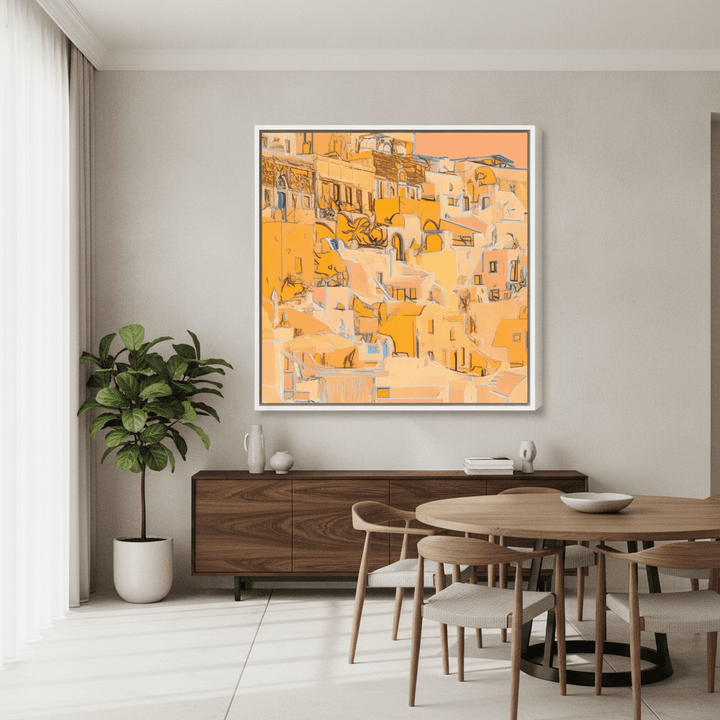 Oversized statement canvas wall art with a white surround styled in a contemporary dining room