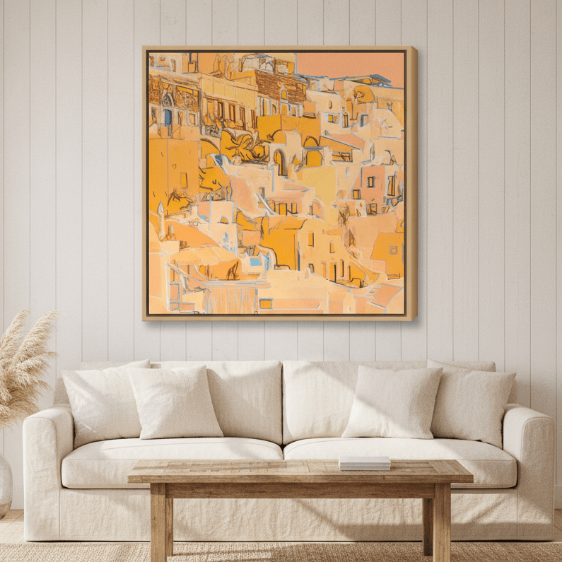 Oversized statement canvas wall art with a natural timber surround styled in a sunny coastal beach house