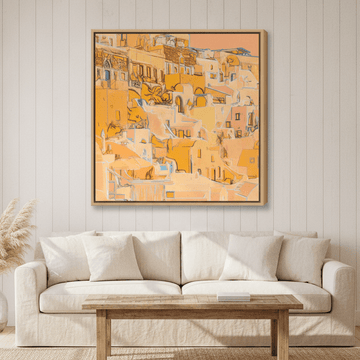 Oversized statement canvas wall art with a natural timber surround styled in a sunny coastal beach house