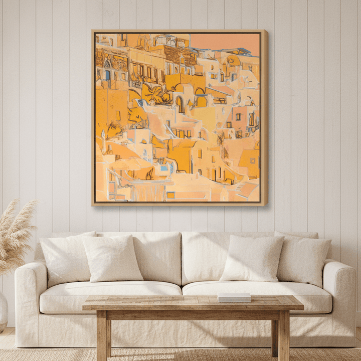 Oversized statement canvas wall art with a natural timber surround styled in a sunny coastal beach house