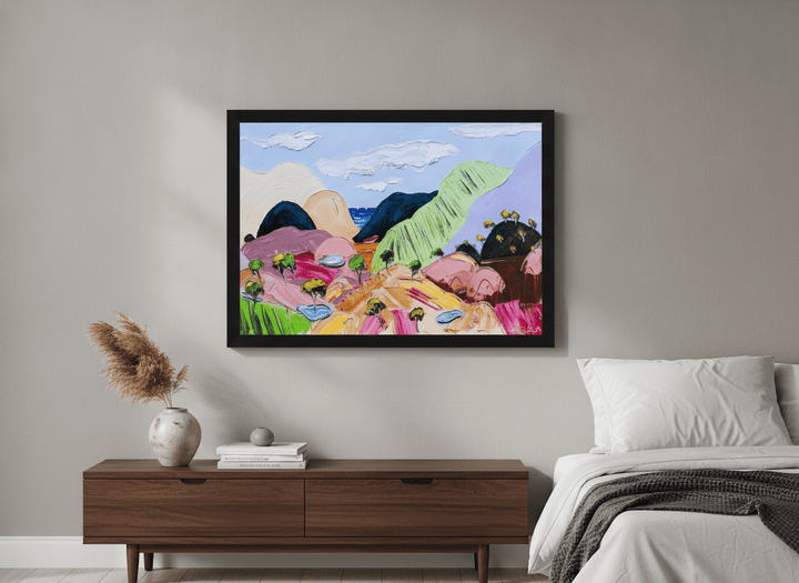 Minimalist artwork displayed in a calm, light-filled bedroom interior
