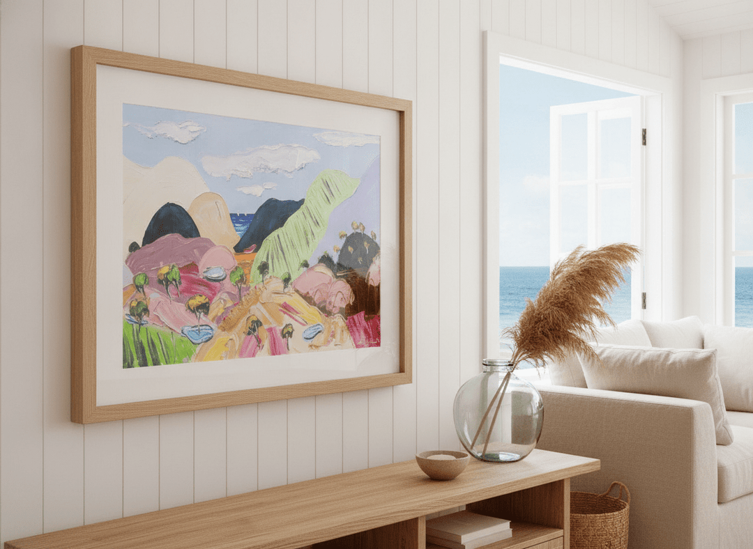 Neutral wall art displayed in a sunny coastal beach house