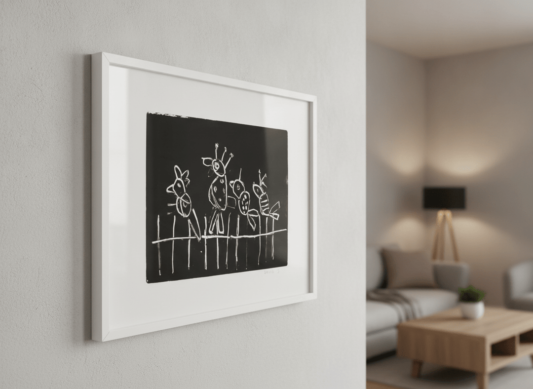 Modern wall art styled above a sofa in a neutral living room