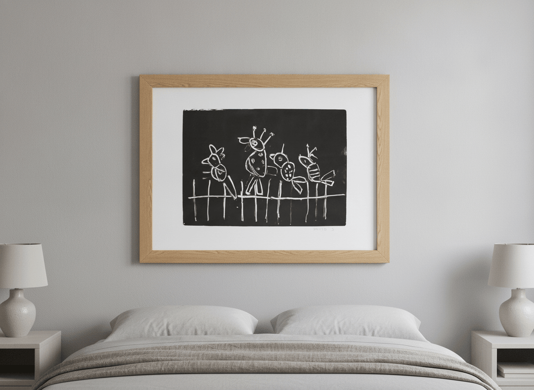 Minimalist artwork displayed in a calm, light-filled bedroom interior