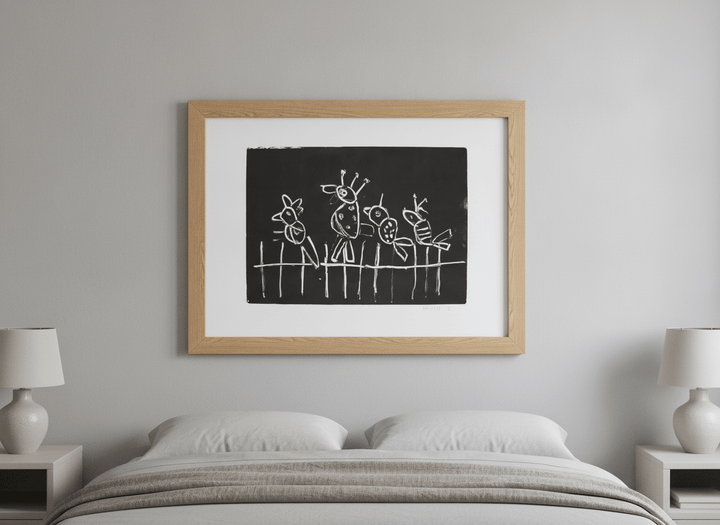 Minimalist artwork displayed in a calm, light-filled bedroom interior