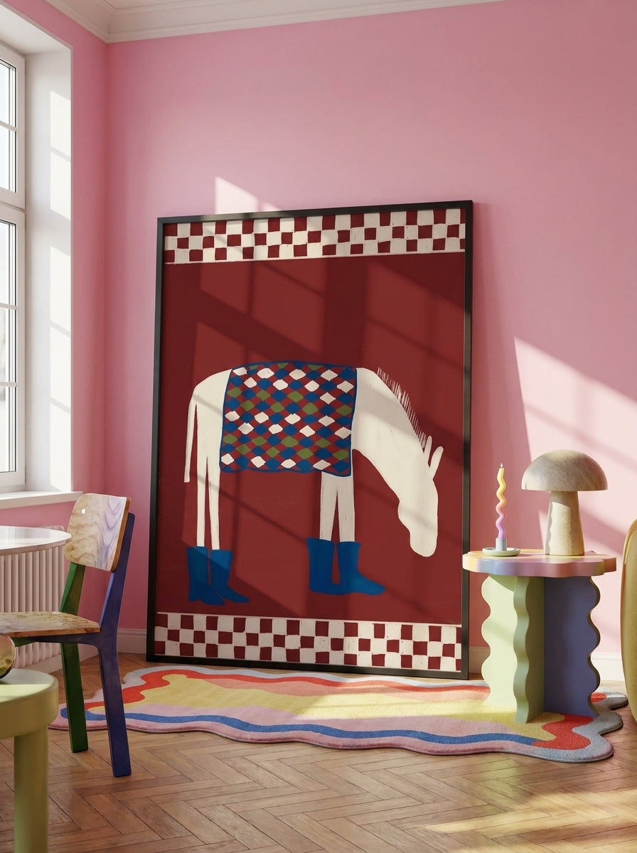 Oversized statement modern wall art print leaning against the wall in a colourful eclectic dining room