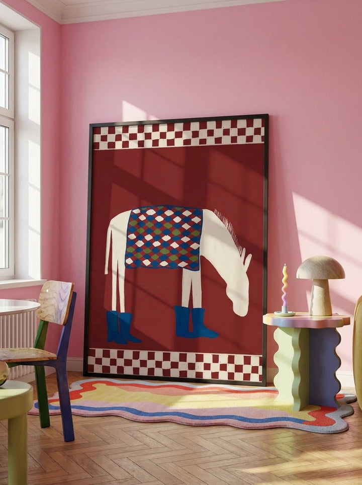 Oversized statement modern wall art print leaning against the wall in a colourful eclectic dining room