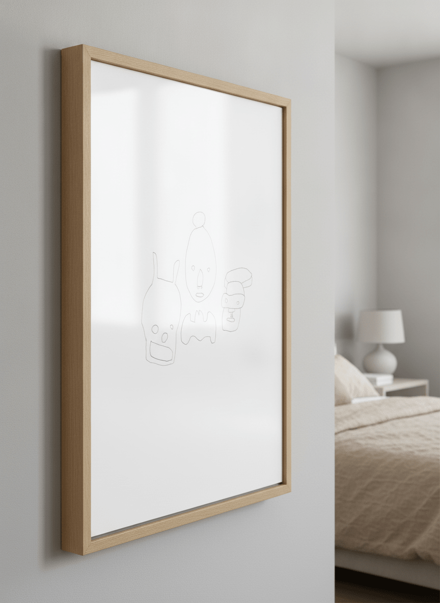 Minimalist artwork displayed in a calm, light-filled bedroom interior