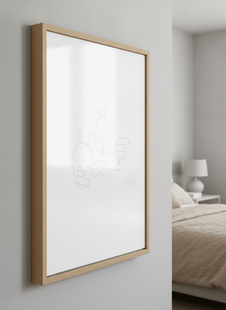 Minimalist artwork displayed in a calm, light-filled bedroom interior