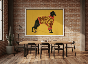 Oversized statement canvas wall art with a white surround styled on the wall in an industrial loft dining room