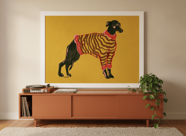 Modern wall art print standing on a sideboard in a retro 70s bedroom