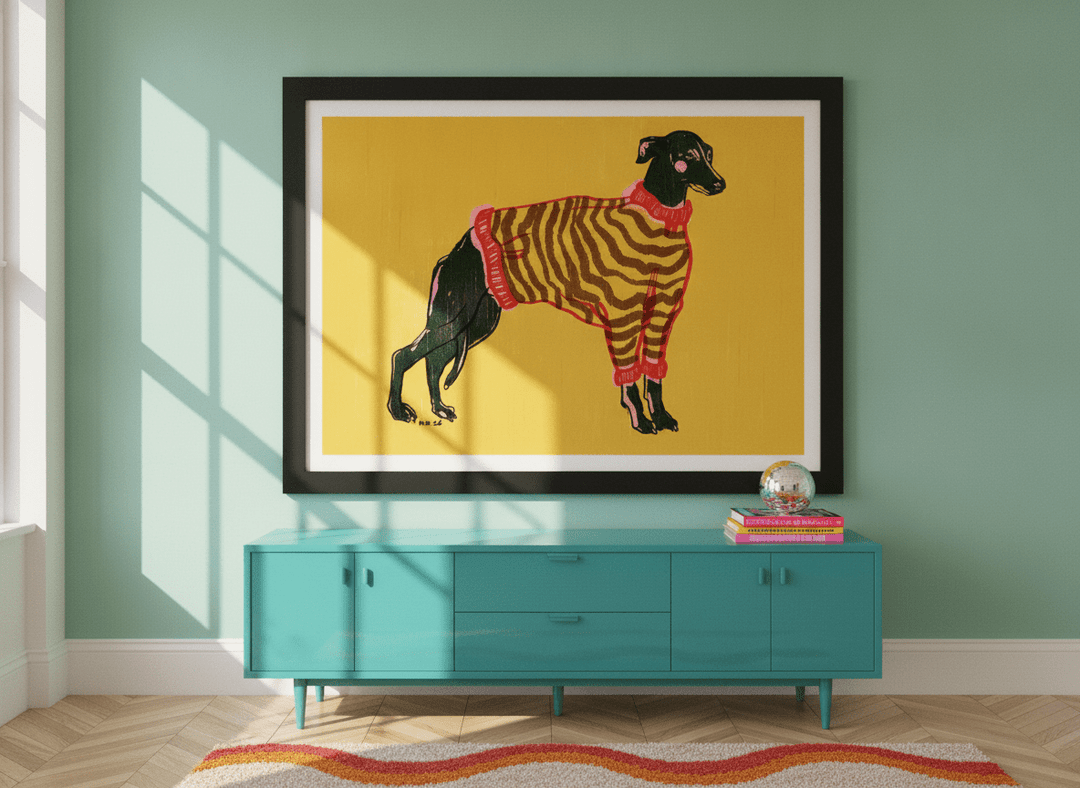 Oversized statement modern wall art print styled on the wall in a colourful eclectic living room