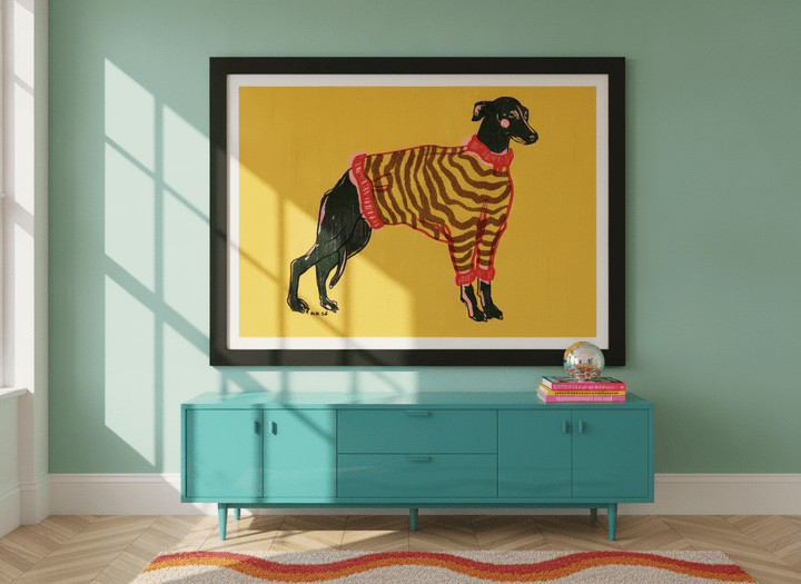 Oversized statement modern wall art print styled on the wall in a colourful eclectic living room