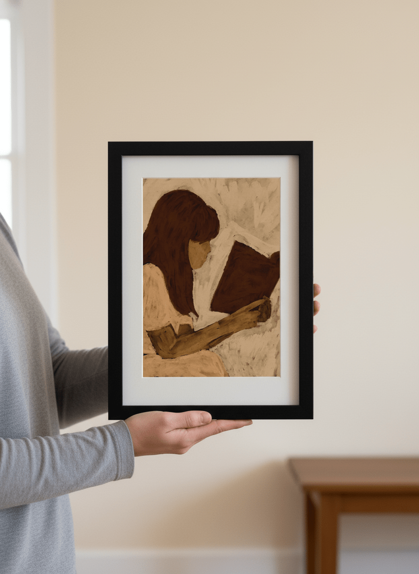 Person showcasing the artwork against a clean modern interior wall